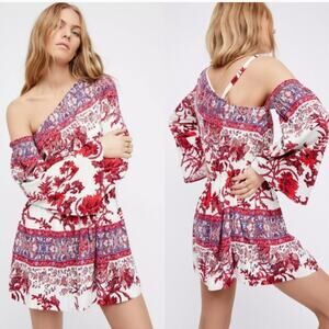 Free People Nomad Dress XS Red Cream One Shoulder Mini Bell Festival Boho
